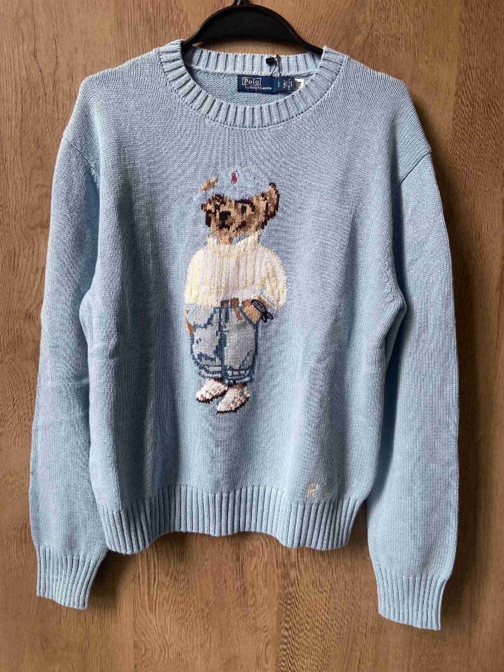Polo Ralph Lauren Bear Knit Sweater Light Blue Crew Neck - Picture 1 of 8